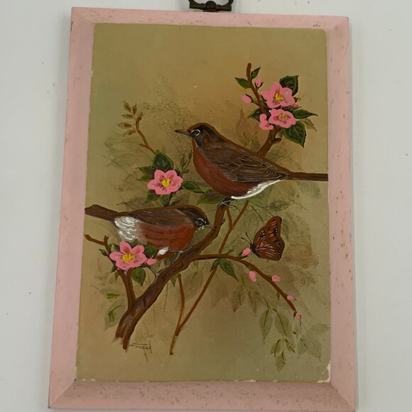 Vintage Merri-Mates Painted Birds, Pink Flowers, Pink Wood 7 1/2" Tall - Picture 2 of 5